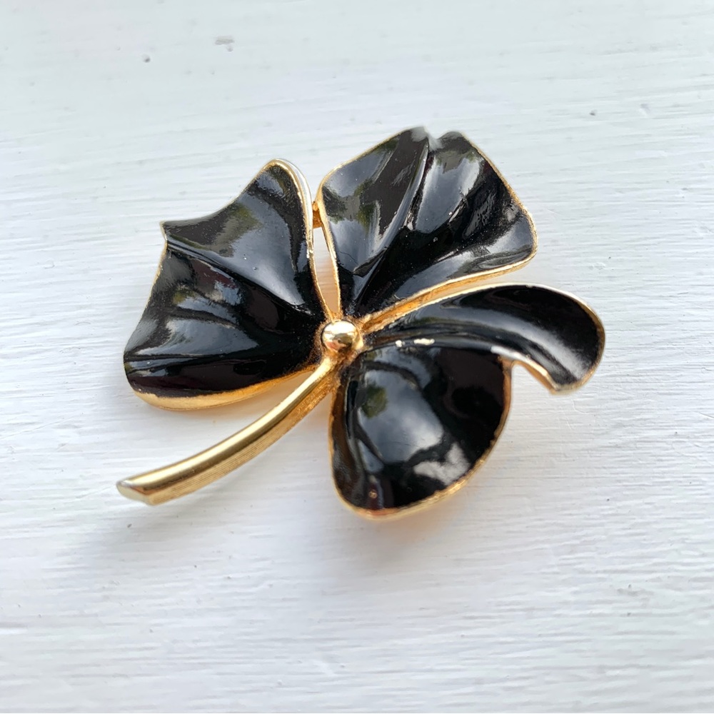Vintage Torino black enamel golden leaf brooch pin signed - Picture 15 of 16
